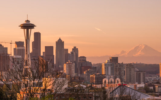 Seattle skyline with pink sunset sky