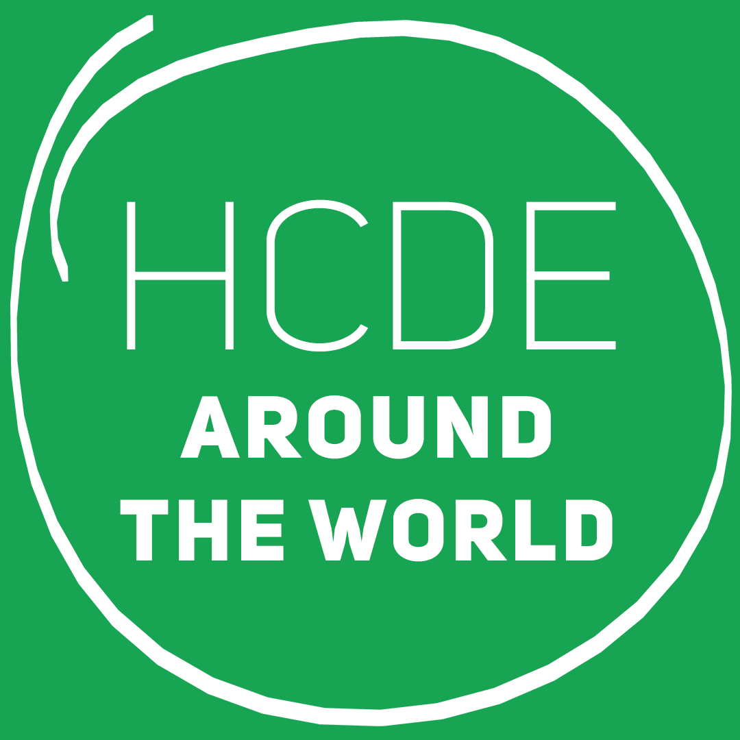HCDE around the world inside hand-drawn white circle