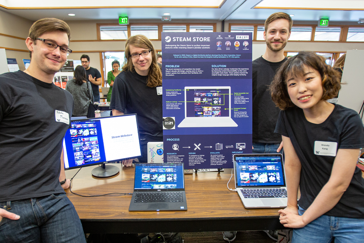 Four students stand with their capstone poster about their project with Steam.