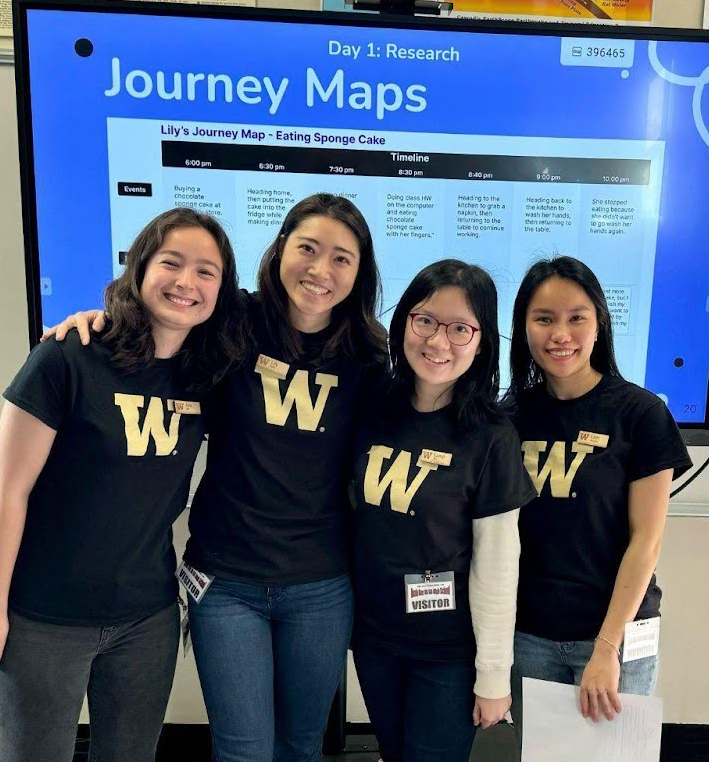 At a high school visit, four HCDE students wearing UW t-shirts stand in front of a screen that says journey maps