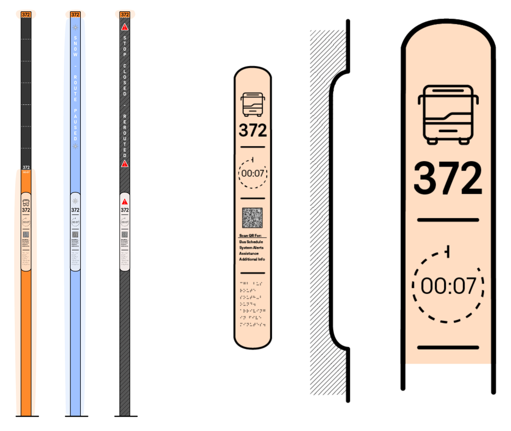 Image of the bus beacon illuminated to display closed routes, and up-close detail of the timer screen