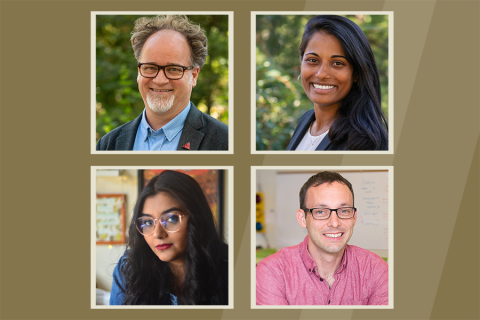 headshots of four faculty on gold background