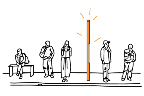 Illustration of people waiting at a bus stop with the Bus Beacon illuminated, signaling the bus is arriving