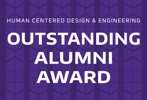 Outstanding Alumni Award text over near transparent illustration of Sieg Building on a solid purple background