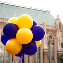Purple and gold balloons outside Suzzallo library